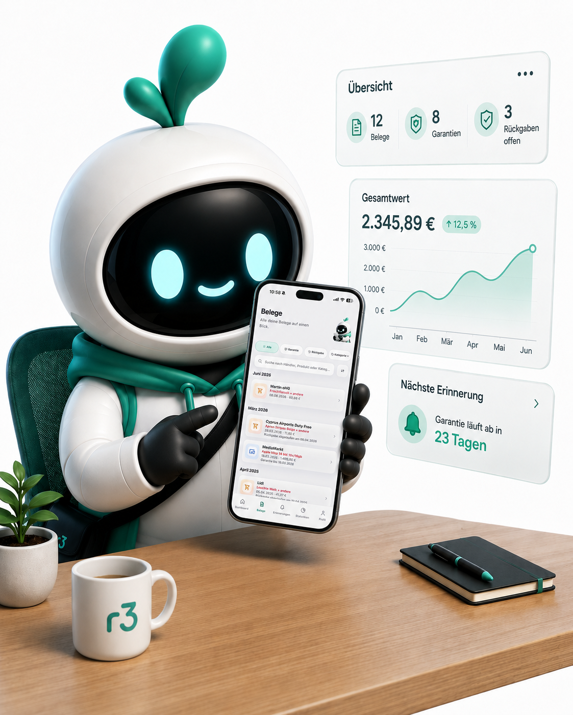 R3ALITY App-Übersicht mit Belegen, Garantien und Erinnerungen.